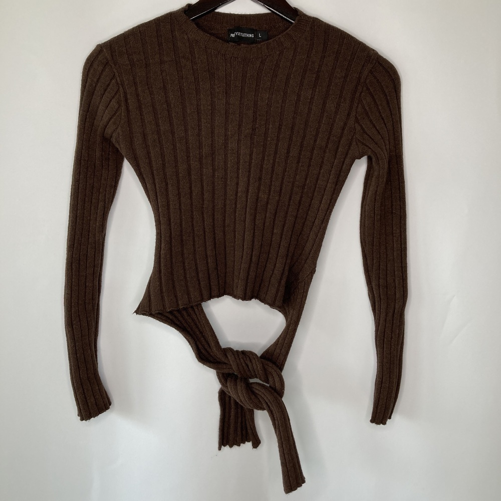 PrettyLittleThing Chocolate Knot Backless Ribbed Knitted Crop Top Size Large